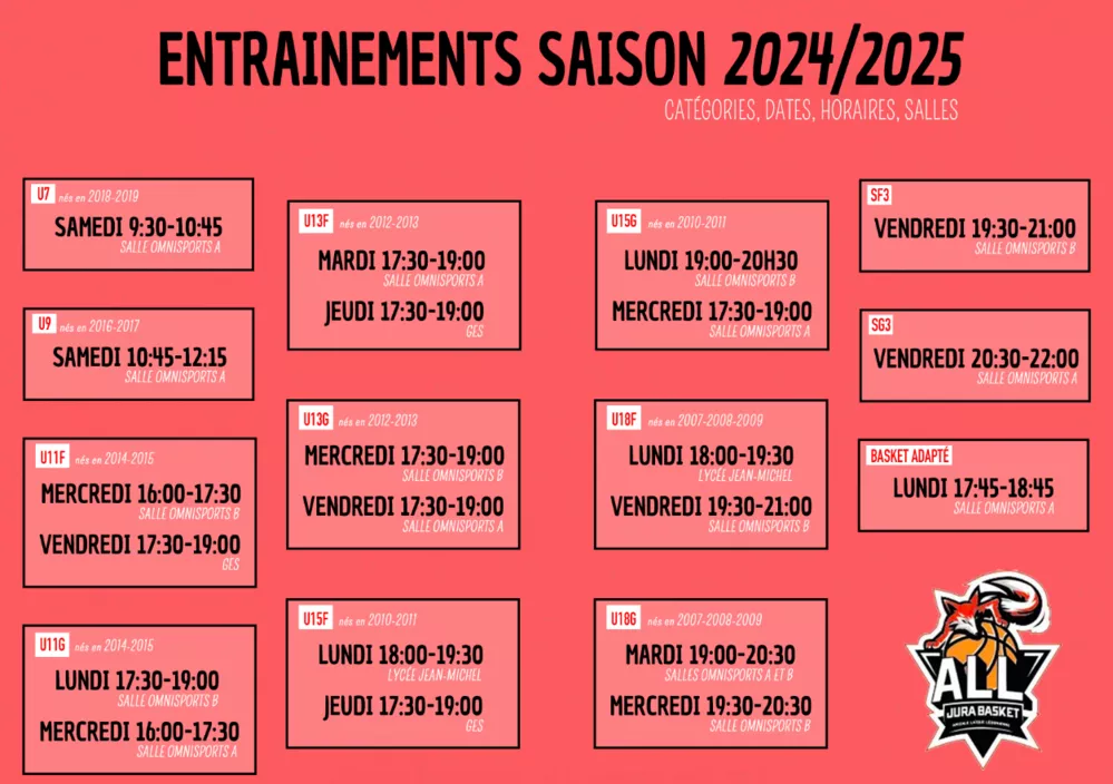 PLANNING DES ENTRAINEMENTS 2024-2025