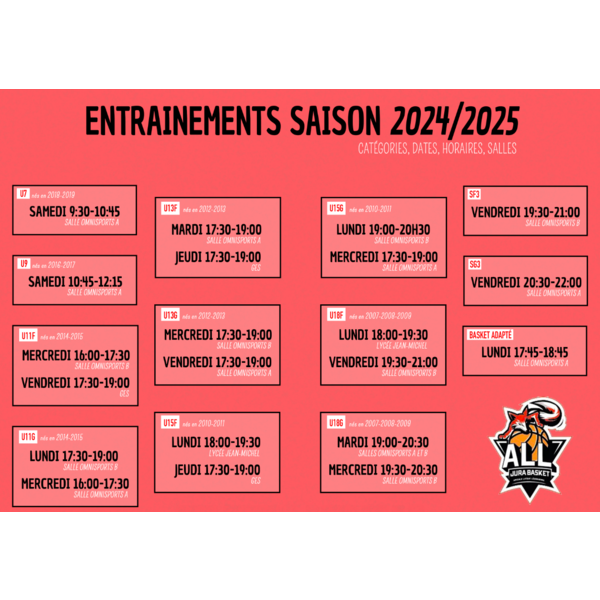 PLANNING DES ENTRAINEMENTS 2024-2025